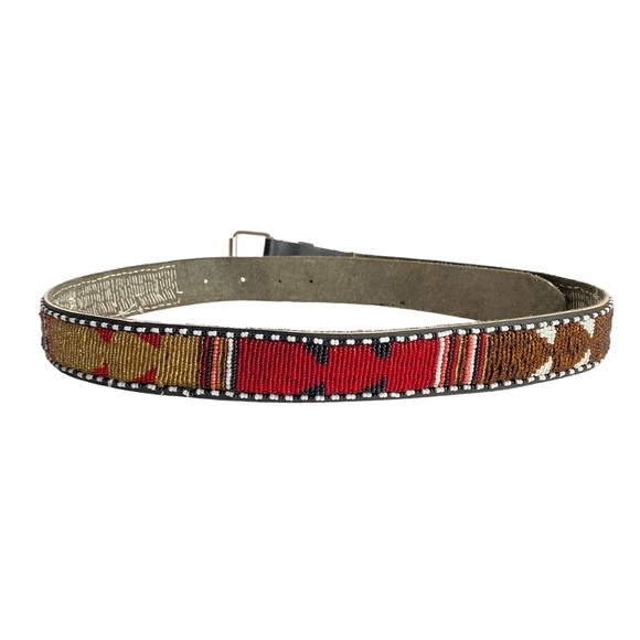 Vintage Accessories - Vintage Southwestern Hand Beaded Belt Black Leather Western Aztec Print Large
